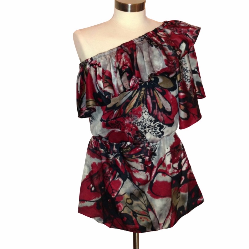 Grass Collection One Shoulder Ruffle Top Butterfly Print Size M Blouse